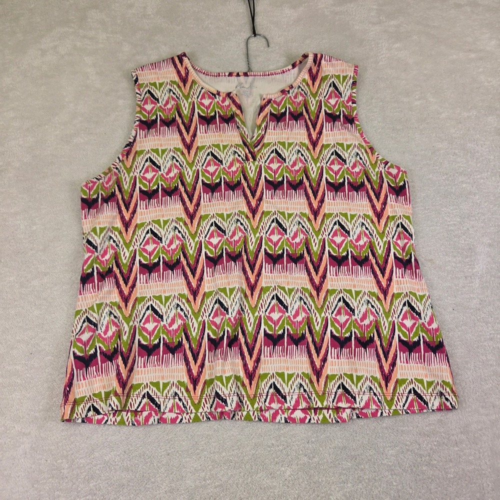 Kim Rogers Woman 3X Pink Green Geometric Ikat Print Cotton Sleeveless Tank Top